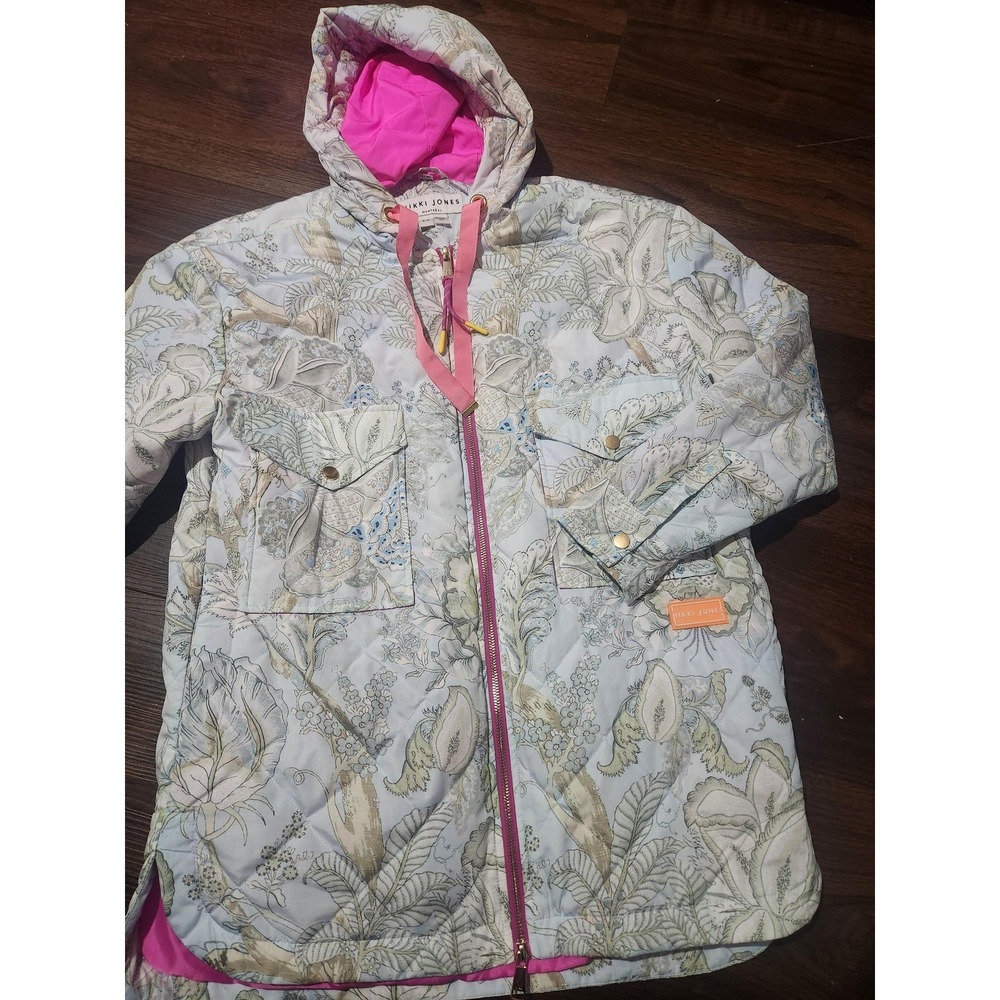 Nikki Jones Jacket‎ Womens Small Multicolor Quilted Hooded Floral Print Pink